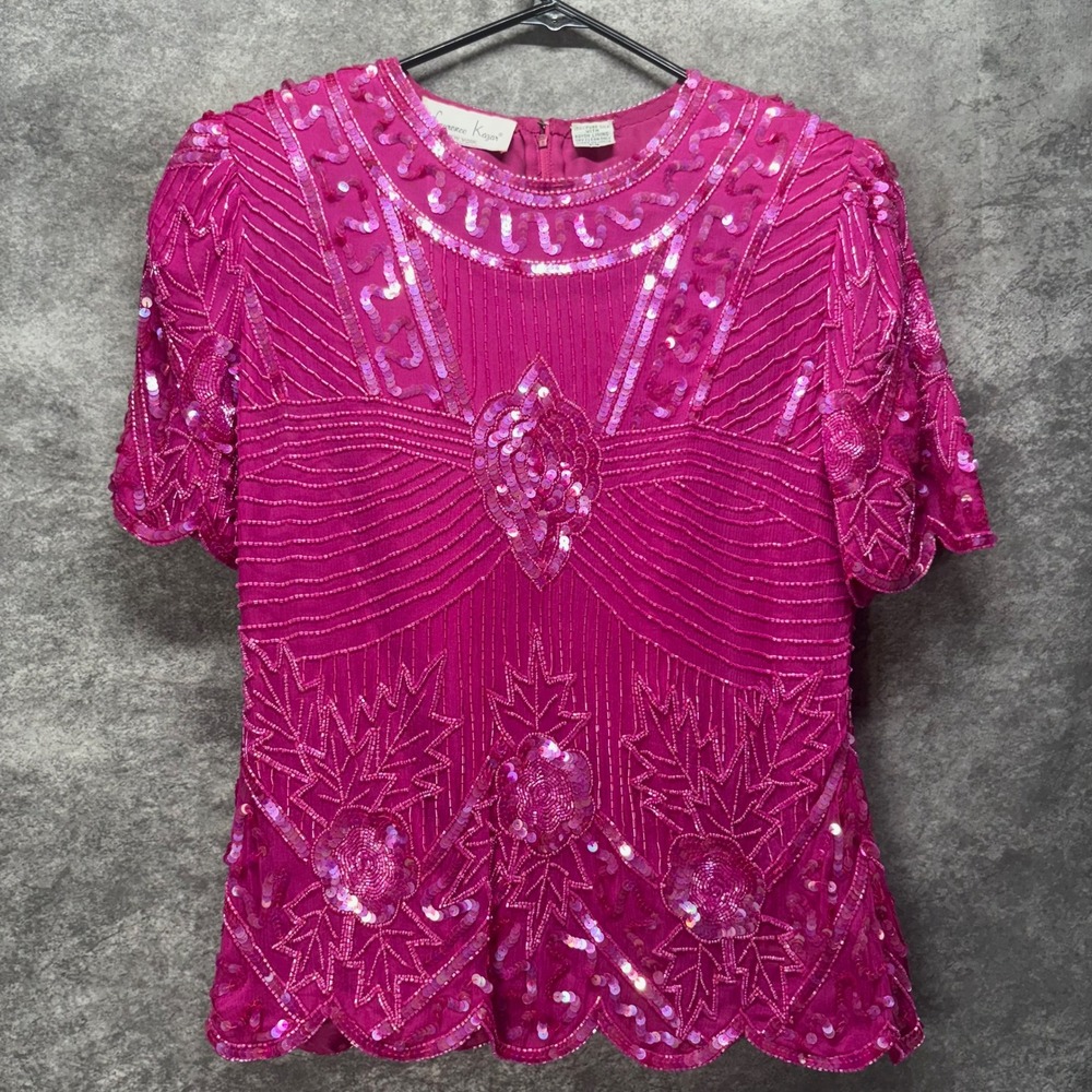 Laurence Kazarā Fuchsia Pink Beaded Silk Top Blouse Size PS Sequin Floral Blouse